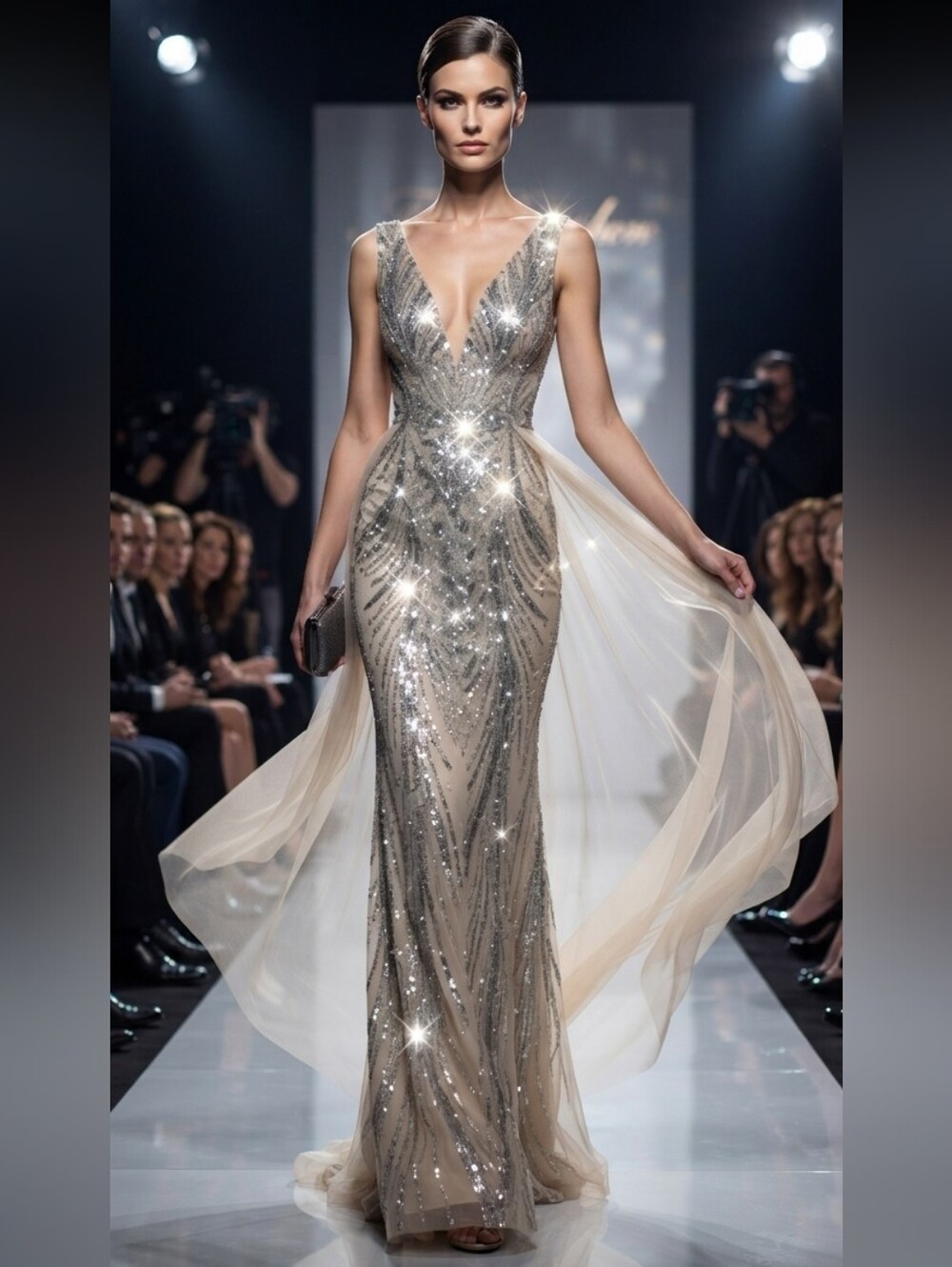 Silver, Double V, Beaded Back, Detachable Draped Skirt, Sequined Mermaid Gown